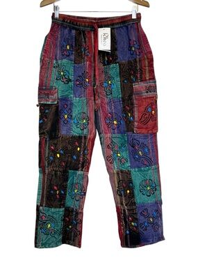 Rhea Boho Multi Color Patch Cargo Pants Made in Nepal Women’s Medium